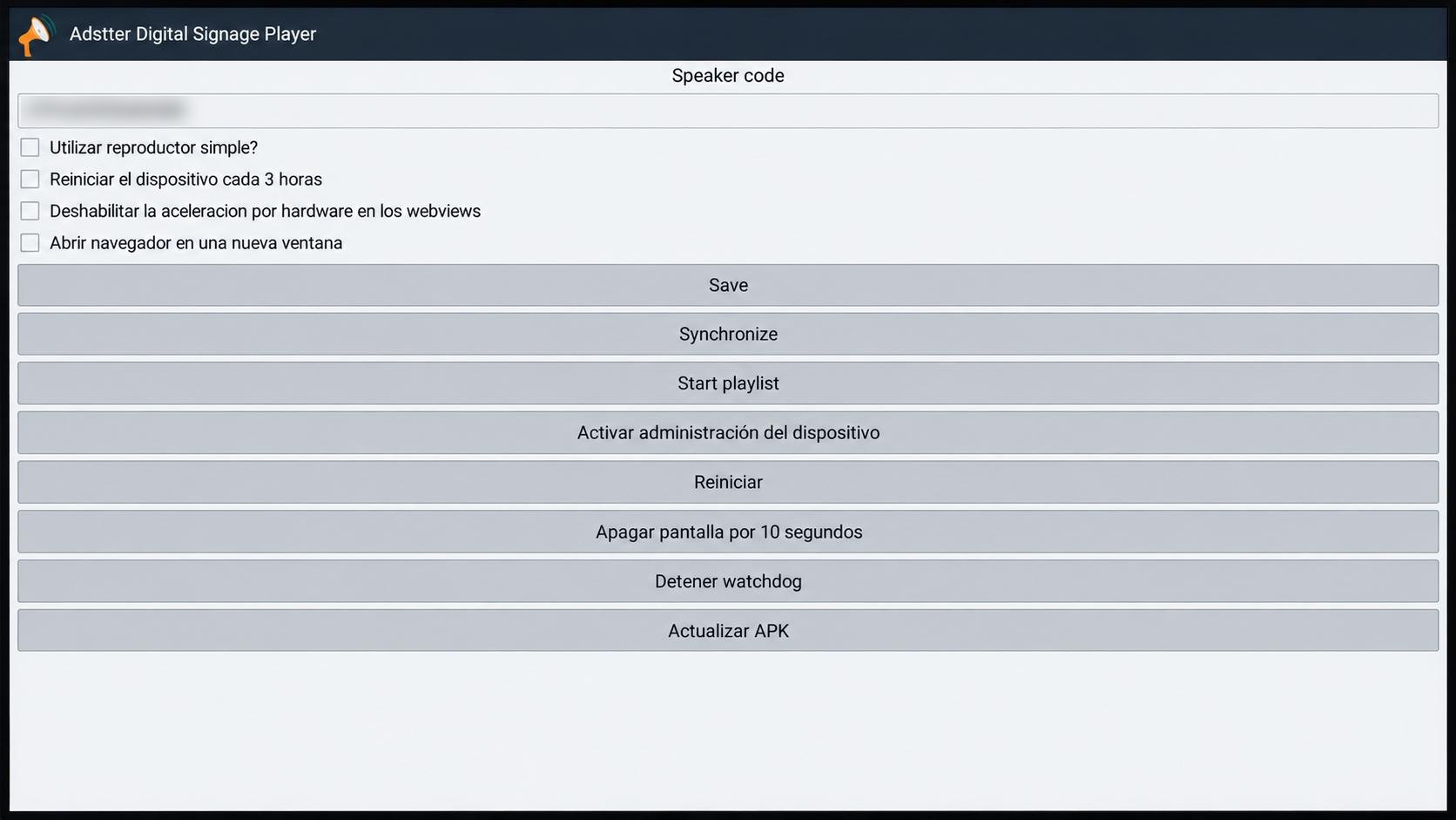 Pantalla de configuración inicial de Adstter Player