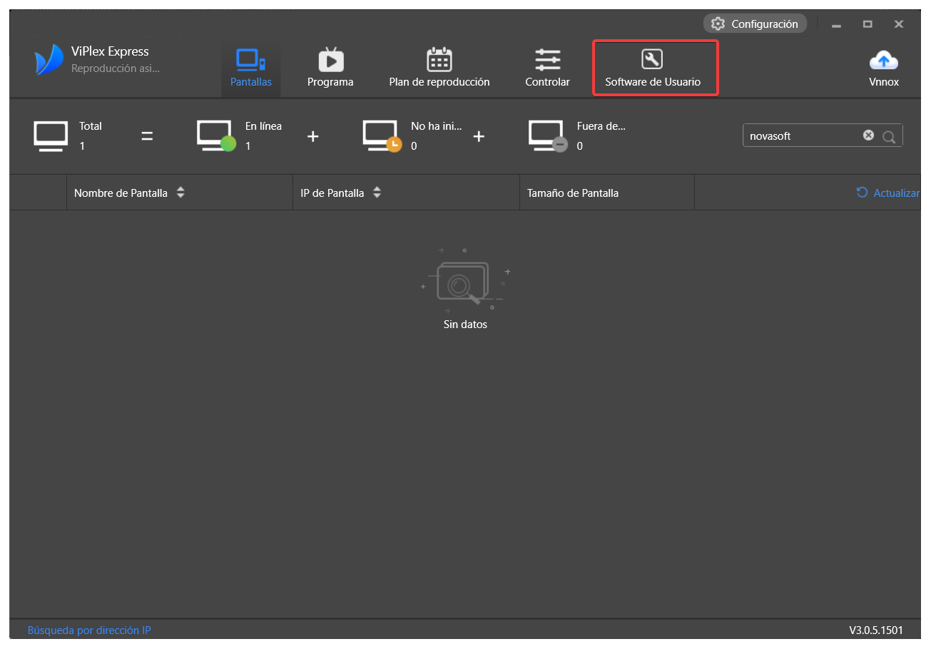 Pestaña Software de Usuario después de buscar novasoft