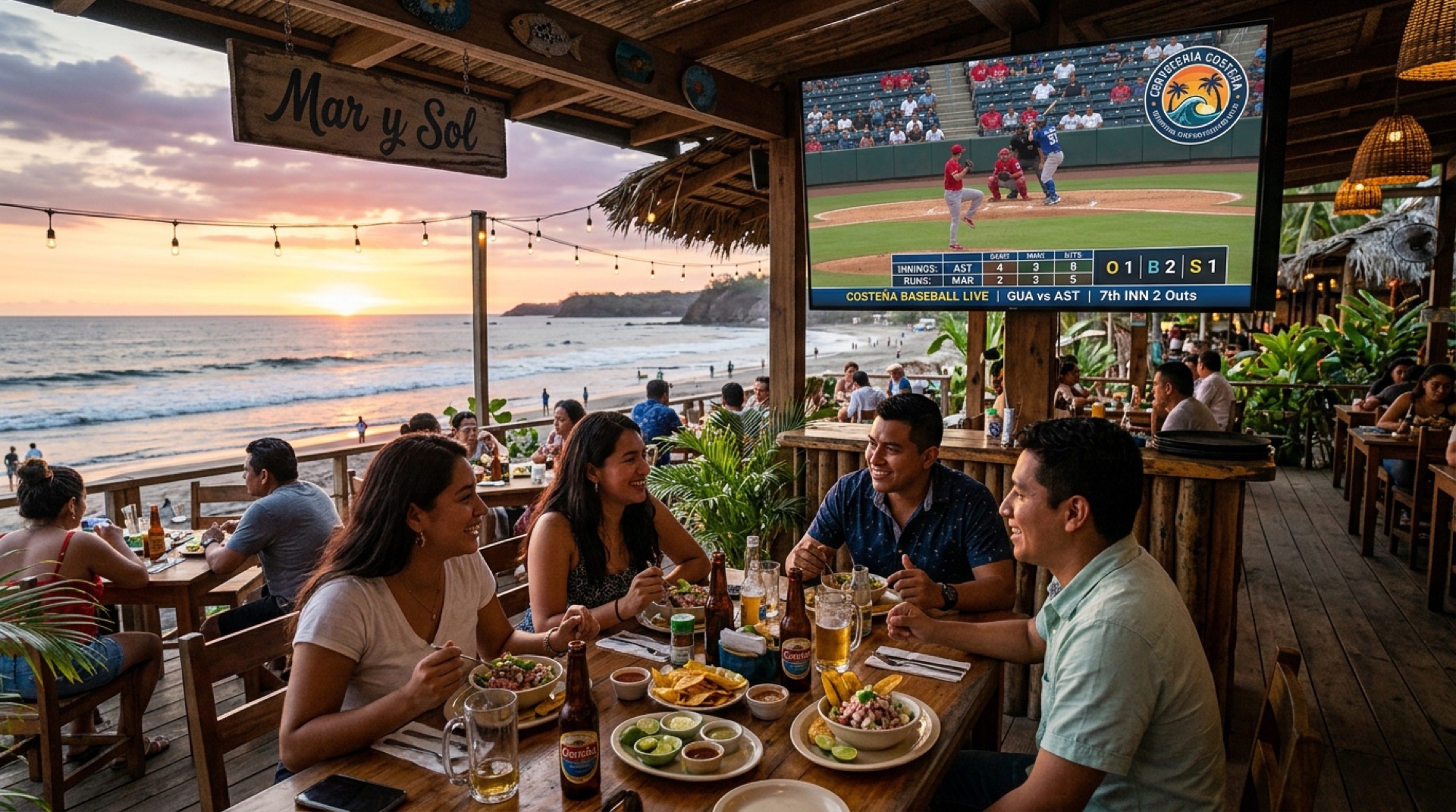 Béisbol en restaurante de mariscos