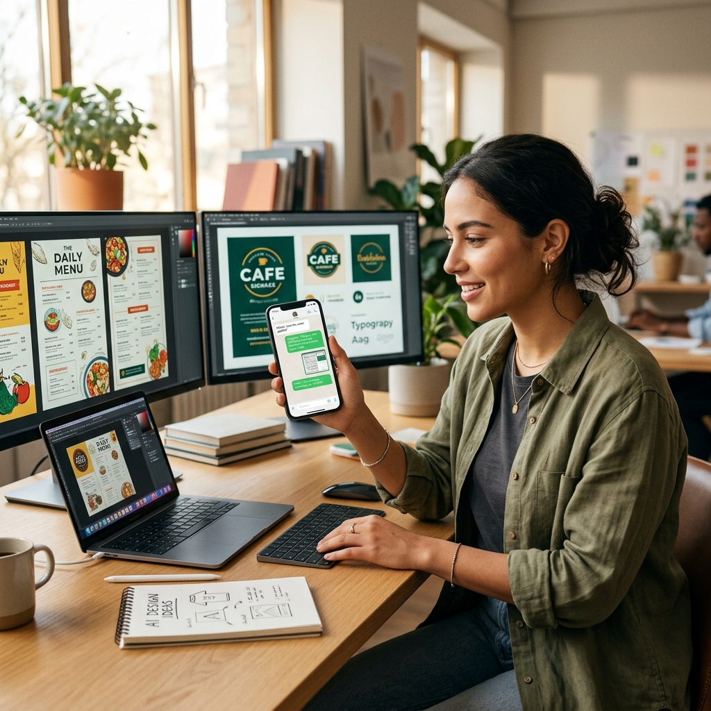 Diseñador trabajando con WhatsApp y pantallas